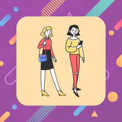 Girls using mobile phone. Vector illustration. Teenagers standing, talking and texting messages on smartphone. Communication, technology concept for banner, website design or landing web page