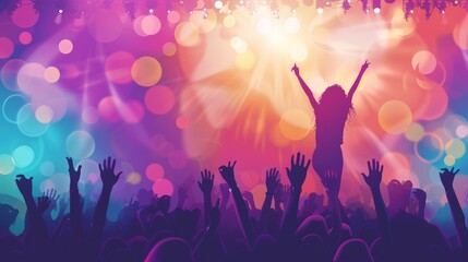 Silhouette of an excited crowd with hands raised at a vibrant music festival. Energetic audience enjoying a live concert with colorful bokeh lights. Ideal for celebration and entertainment themes.
