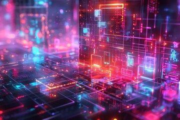 Fototapeta premium Futuristic digital interface with vibrant colors and abstract design, representing advanced technology and data processing.