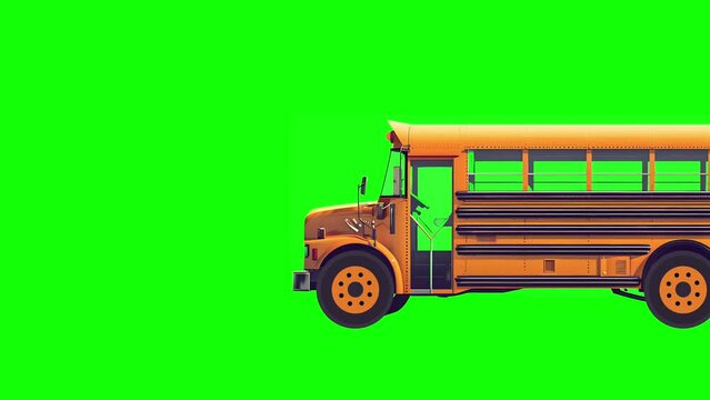 Yellow School Bus animated against a Green  Background, Seamless Loop Animation. Back-to-school Concept
