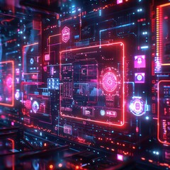 Fototapeta premium Futuristic digital interface with glowing neon lights and complex data, showcasing advanced technology and modern cyber interface.