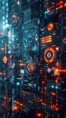 Fototapeta premium Futuristic digital interface with glowing neon lights representing advanced technology and AI systems. High-tech circuit board close-up.