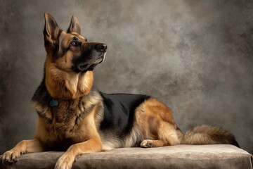 Full body studio portrait of a beautiful German shepherd dog. The dog is lying down and looking up over a background of pastel shades, looking majestic.
