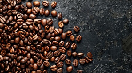 Coffee Template. Closeup of Roasted Coffee Beans Heap on Dark Background with Copy Space