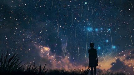Silhouette of a person gazing up at the rain of shooting stars, awestruck by the magical spectacle in the night sky