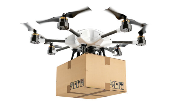 Drone Carrying a Box on Transparent Background