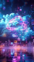 Fototapeta premium A vibrant digital representation of cloud computing with neon lights and futuristic elements against a dark background.