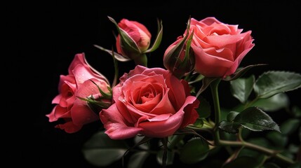 Fototapeta premium Pink Flowers Black Background. Beautiful Bouquet of Red and Pink Roses, Romantic Blooms on Isolated Dark Background