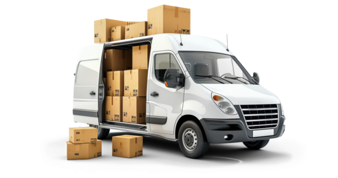 Box delivery van loaded with cardboard boxes
