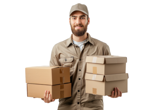 Box delivery man with boxes isolated on transparent background