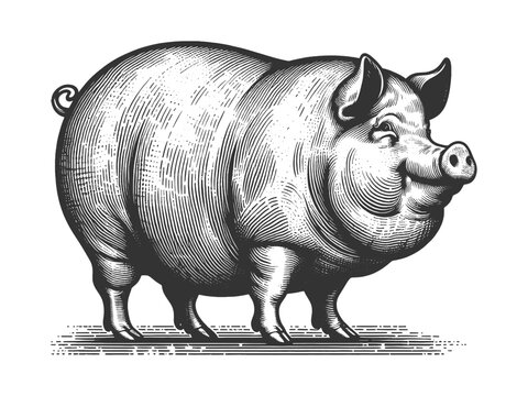 recommend clip art: Fat pig in a vintage engraving style, with detailed shading and textures sketch engraving generative ai fictional character vector illustration. Scratch board imitation. Black and white image.