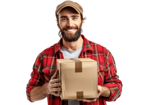 Man Holding Cardboard Box with Transparent Background