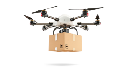 Box carried by a drone on transparent background