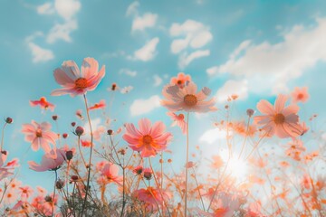 Obraz premium Beautiful cosmos flowers in the meadow, sunlight and blue sky background, a beautiful natural landscape with a summer flower field, colorful wildflowers in the green grass at sunrise or sunset. 