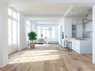 Obraz premium A large open living room with a kitchen and a dining room. The kitchen has a stove and oven, and the dining room has a table and chairs