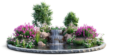 Beautiful Garden Fountain with Flowers and Trees