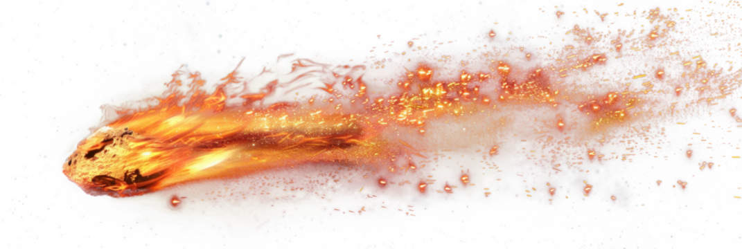 Asteroids blazing through space with fiery trail