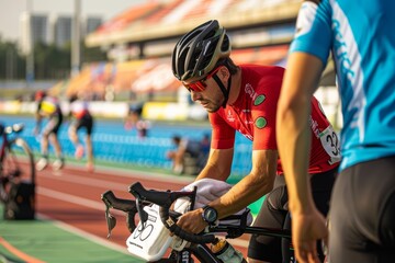 Professional Cyclist Recuperating Post-Race with Support Team and Equipment at Olympic Track Event