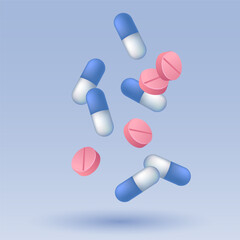 Pills and capsules falling vector pharmaceutical illustration. Medical treatment concept. Blue and white 3d capsules, pink ibuprofen pills, medical drugs againts pain, flu. Intensive therapy drugs