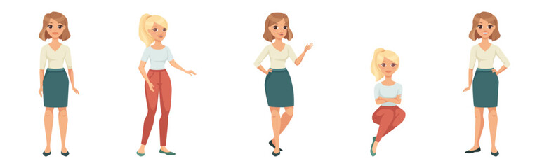 Woman Character in Skirt and Pants in Standing and Sitting Pose Vector Illustration Set