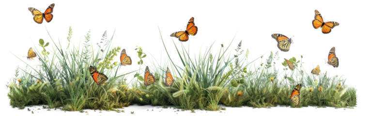 Green grass with butterflies on transparent background