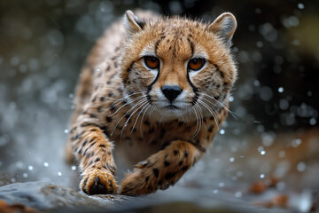 Fototapeta premium AI generated illustration of a cheetah running towards the camera, with a focused expression
