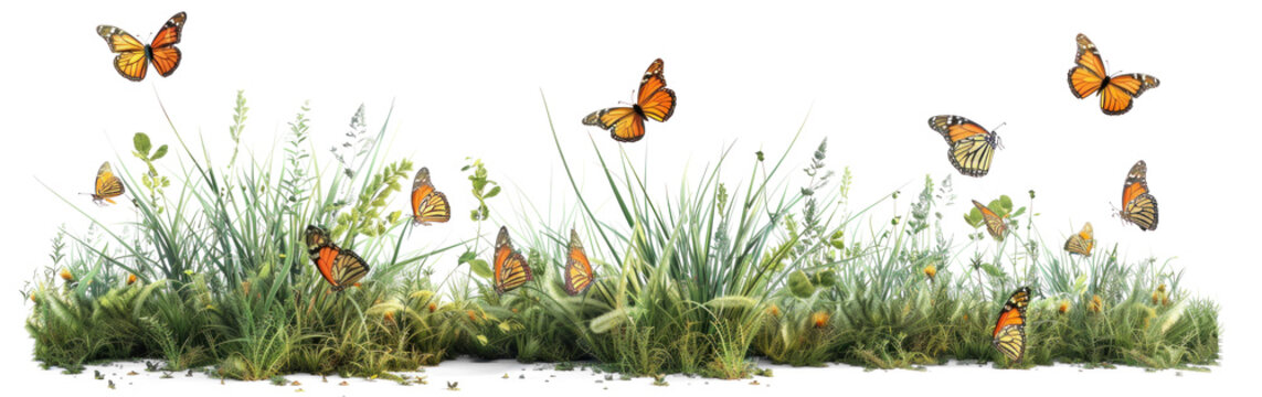 Fototapeta Green grass with butterflies on transparent background