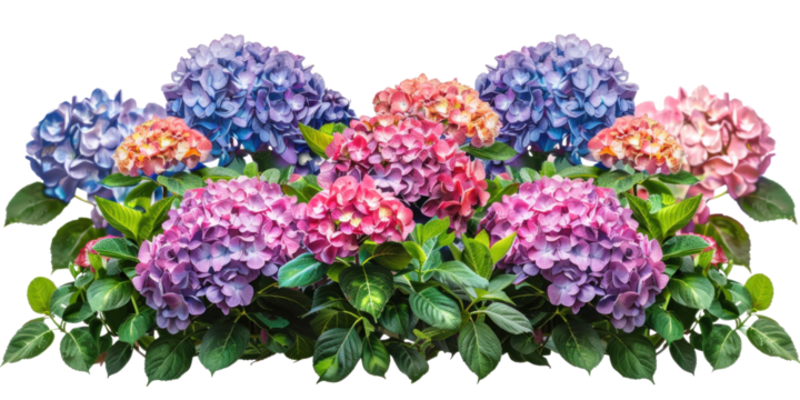 Colourful flowers bush, hydrangea blooms on a transparent background