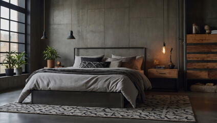 Industrial-style bedroom with concrete walls, metal bed frame, warm wood accents, and geometric rug.