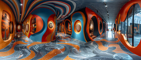 panoramic view of modern art installation with bold expressive colors and shapes filling the space Panorama Stitching and Weather Sealing capture the expansive and immersive nature of the installation