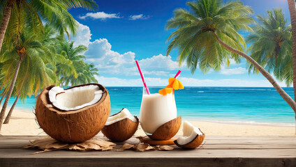 Obraz premium Juicy coconut halves Illustration on a tropical beach against the background of the sea - cocktail, refreshing coconut milk.