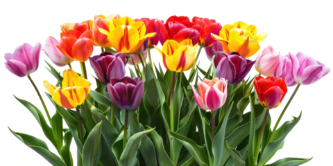 Colorful tulips flowers bush on transparent background