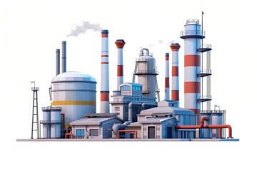 Factory White Background. Industrial Boiler Refinery with Chimney on Clean White Background