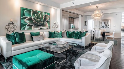 Interior design in white and green color, modern style living room with black carpet floor, large sofa set with emerald fabric cover and glass coffee table.