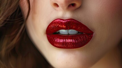 Fototapeta premium Sensual red lips on the face of a young Caucasian girl