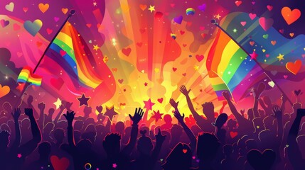 A vibrant LGBTQ banner illustration, featuring an array of colorful pride flags, hearts, and stars, with a diverse crowd of people in the foreground celebrating love and unity. Rainbow colors