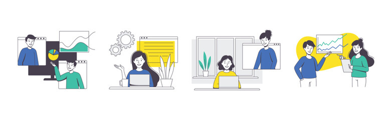 Online Conference with Business People Making Presentation and Showing Graph Outline Vector Set