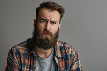 Male Depression. Unhappy Bearded Man Portrait in Casual Attire