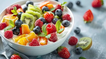 Delicious fruit salad with yogurt on a table