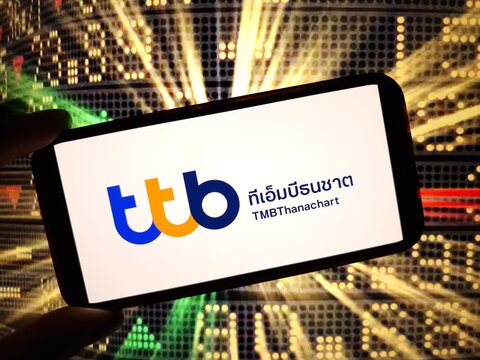 Konskie, Poland - May 27, 2024: TMBThanachart Bank (ttb) company logo displayed on mobile phone