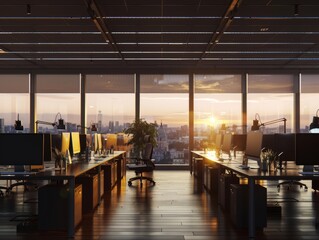 A large open office space with a view of the city skyline. The sun is setting, casting a warm glow on the room. There are several potted plants scattered throughout the space