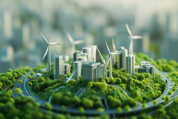 Sustainable Urban Development Concept with Wind Turbines and Green Architecture - Technological...