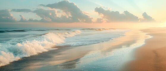 Obraz premium A serene, untouched beach at sunrise, the soft hues of dawn captured in breathtaking detail