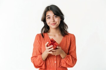 Naklejka premium Woman Holding Present on White Background. Young Hispanic Woman Presenting Idea Smiling in Studio
