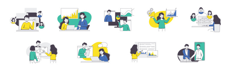 Online Conference with Business People Making Presentation and Showing Graph Outline Vector Set