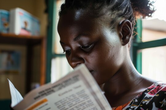 Young Woman Reading Family Planning Pamphlet at Community Health Center for Informative Outreach