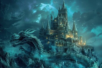 Obraz premium Majestic fantasy castle with a dragon illuminated by a mystical starry night sky