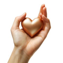 Obraz premium Hand gesture holding metallic heart on transparent background.