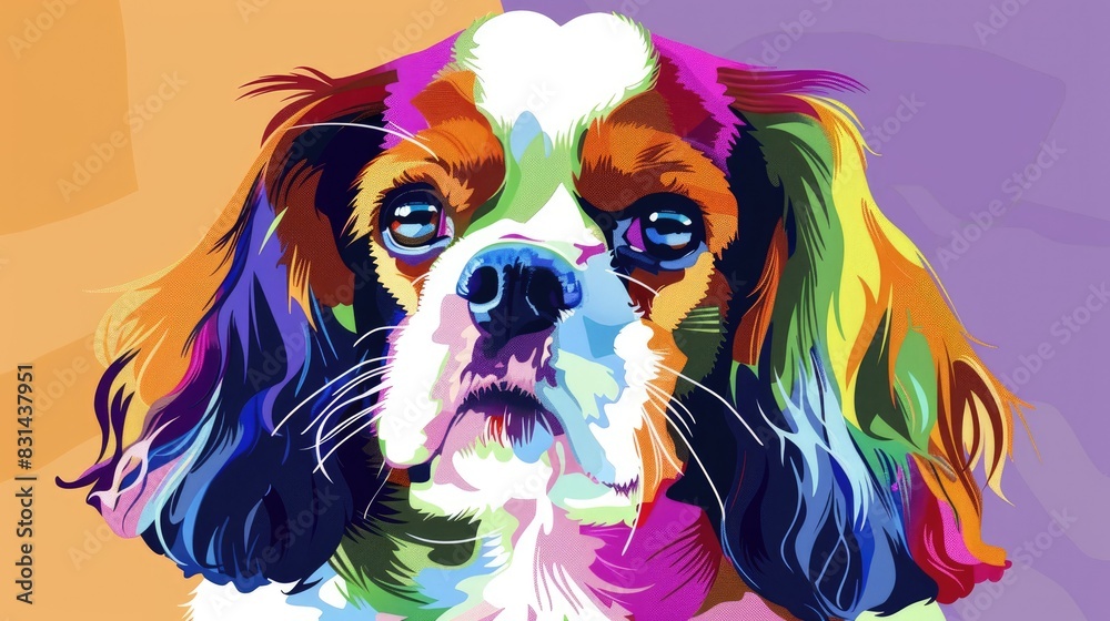 Sticker Cartoon Portrait of a Vibrantly Colored King Charles Spaniel