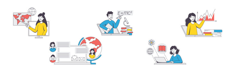 Online Learning with Man and Woman Student and Instructor Engaged in Virtual Classes Outline Vector Set